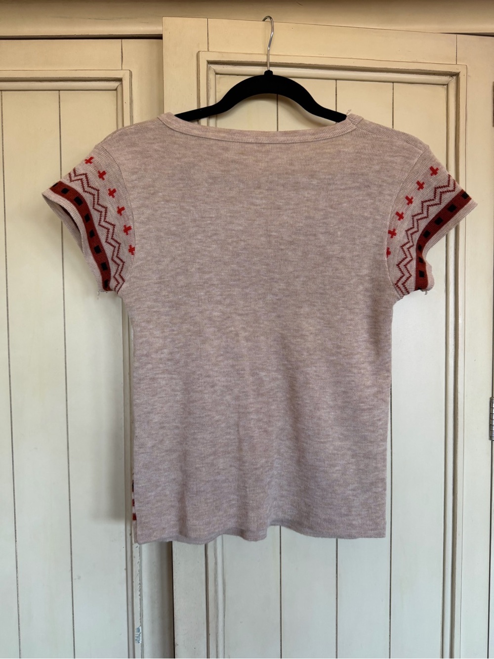 Vintage 70’s V-neck Short Sleeve Retro Patterned Knit Top - Red, Rust, Mustard - Picture 7 of 7
